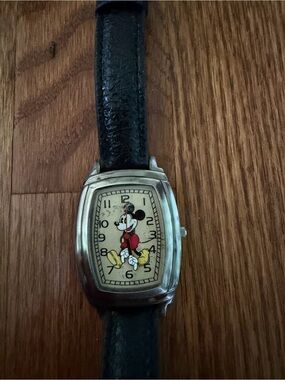 Vintage Mickey Mouse Character Wristwatch - Black Strap, Yellow & Red Dial